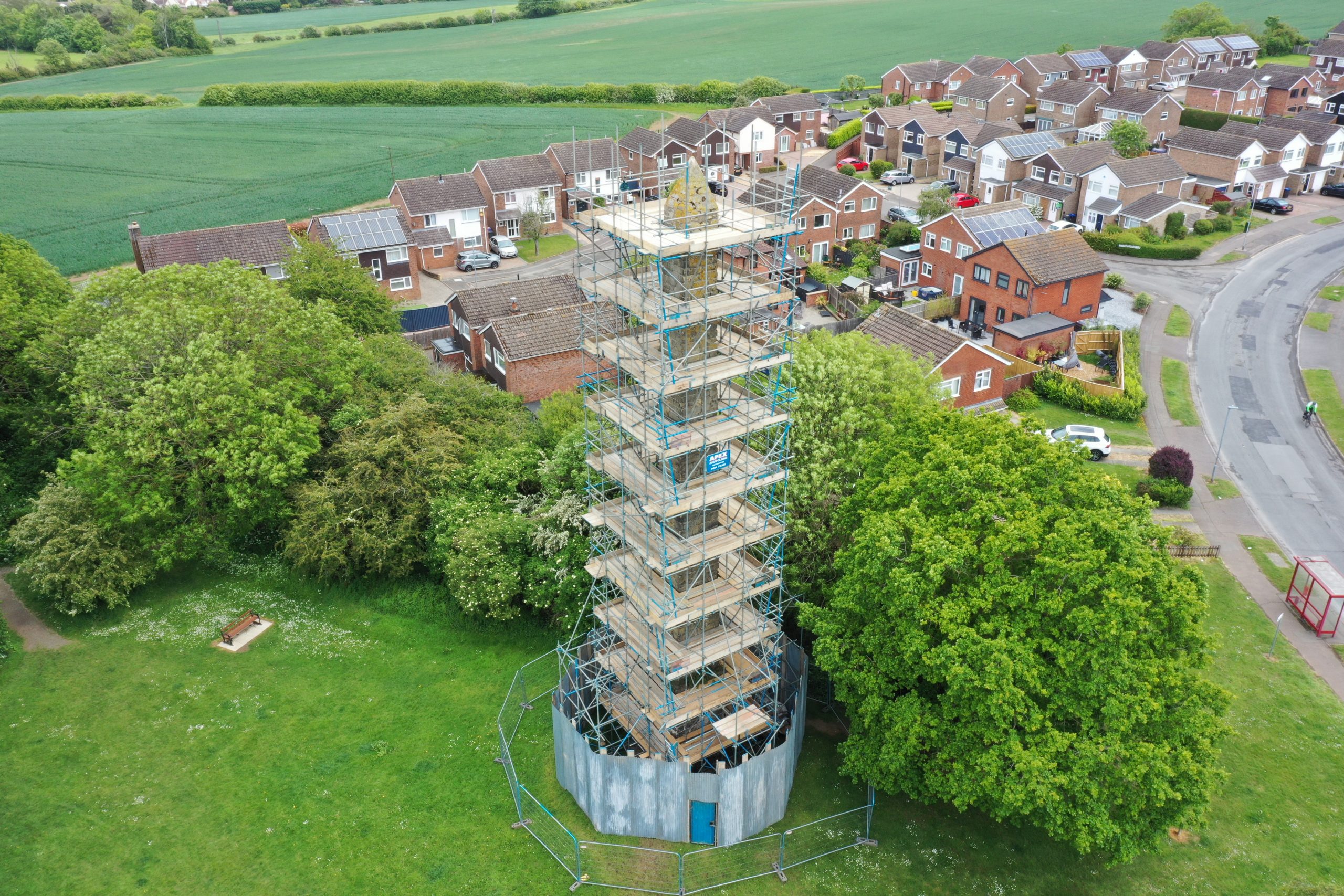 Scaffolding the whole way up the obelisk in Northampton for restoration work.