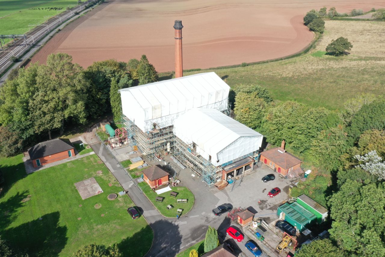 Mill Meece Pump Station temporary roof over the boiler house and pump house, with full weather protection and safe internal access during roof repair works.